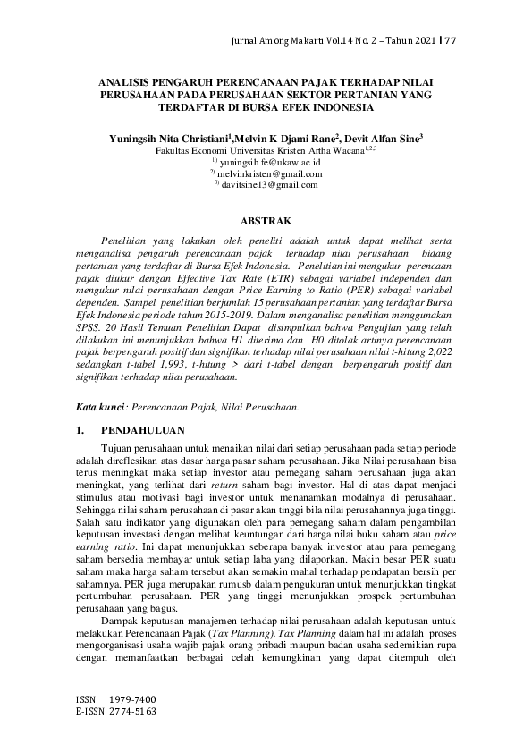 Analisis Pengaruh Perencanaan Pajak Terhadap Nilai Perusahaan Pada Perusahaan Sektor Pertanian Yang Terdaftar DI Bursa Efek Indonesia