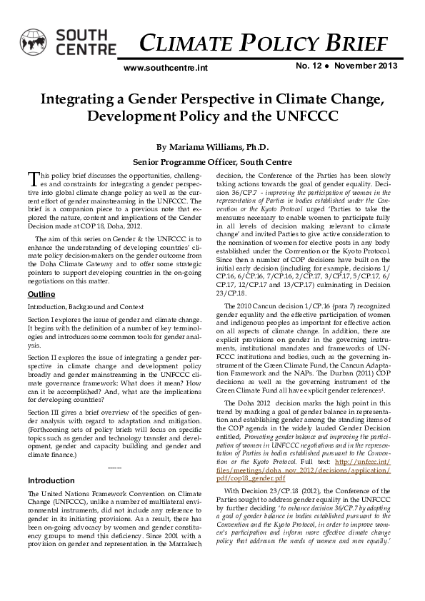 (PDF) Integrating a Gender Perspective in Climate Change , Development ...