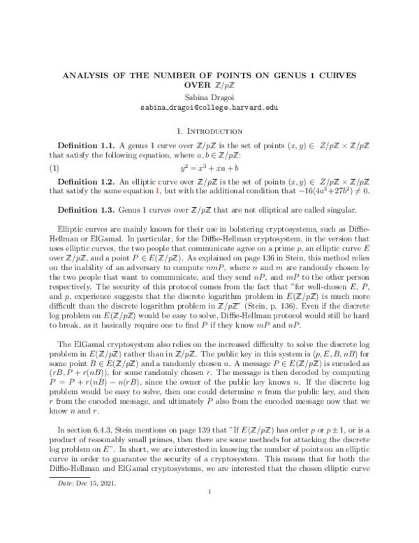 (PDF) Analysis of the number of points on genus 1 curves over Z/pZ