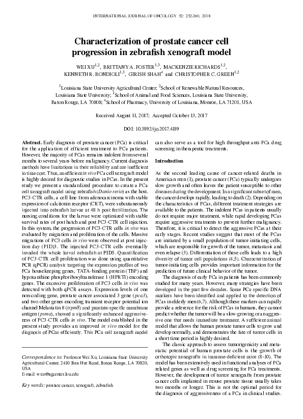 (PDF) Characterization of prostate cancer cell progression in zebrafish ...