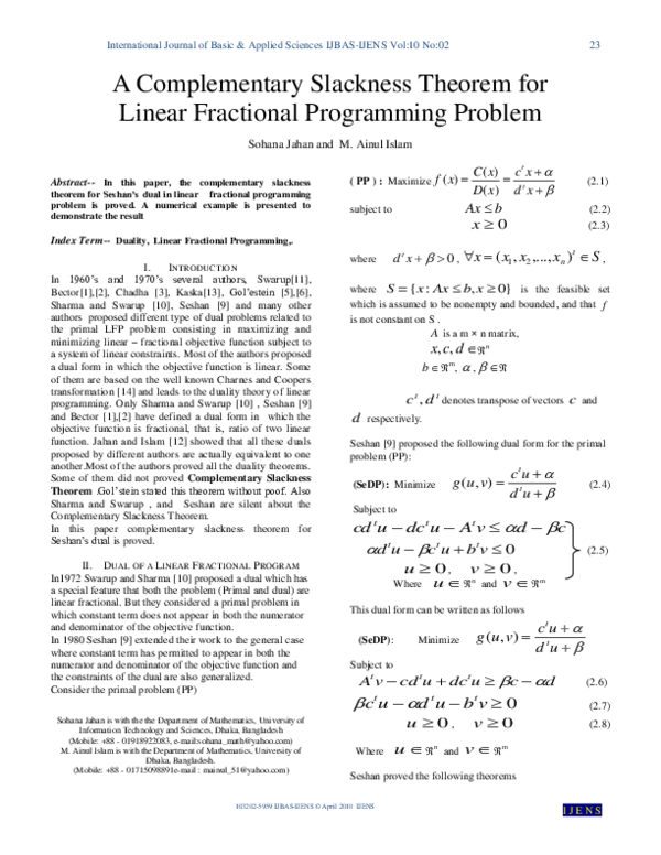 (PDF) A Complementary Slackness Theorem for Linear Fractional ...