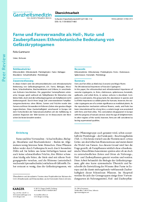 PDF) Farne und Farnverwandte als Heil-, Nutz- und Zauberpflanzen:  Ethnobotanische Bedeutung von Gefsskryptogamen
