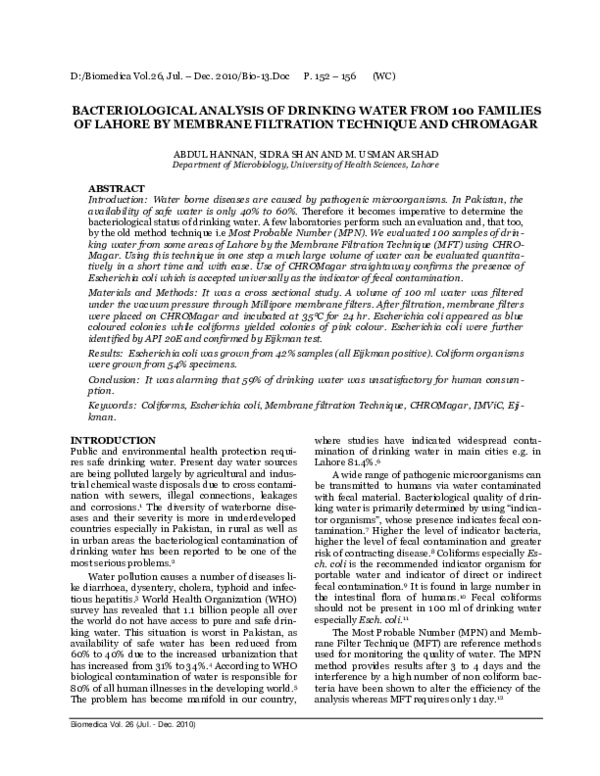 (PDF) Bacteriological Analysis of Drinking Water from 100 Families of ...
