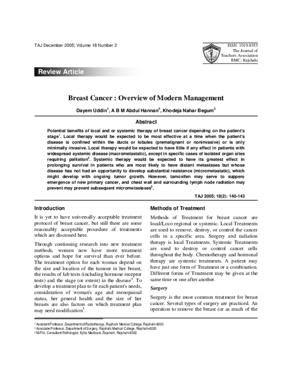 (PDF) Breast Cancer: Overview of Modern Management
