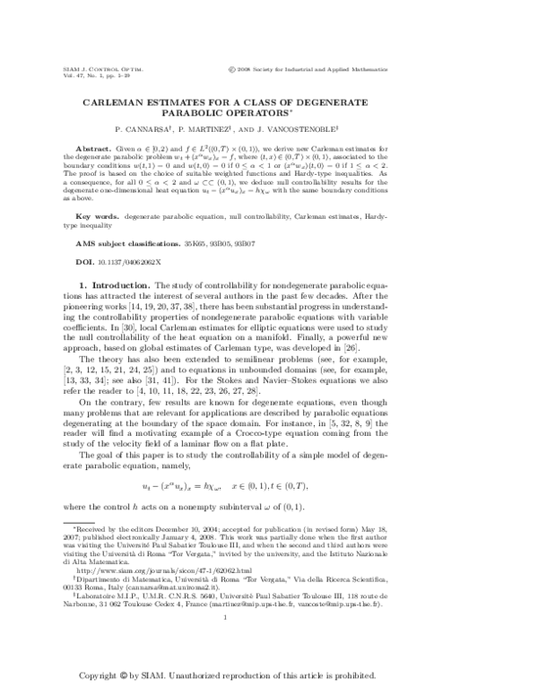 (PDF) Carleman Estimates for a Class of Degenerate Parabolic Operators