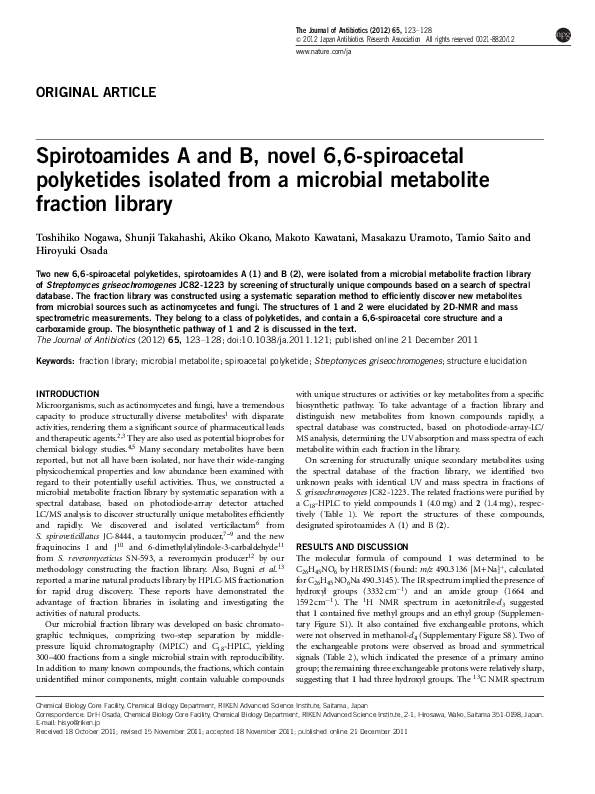 (PDF) Spirotoamides A and B, novel 6,6-spiroacetal polyketides isolated ...