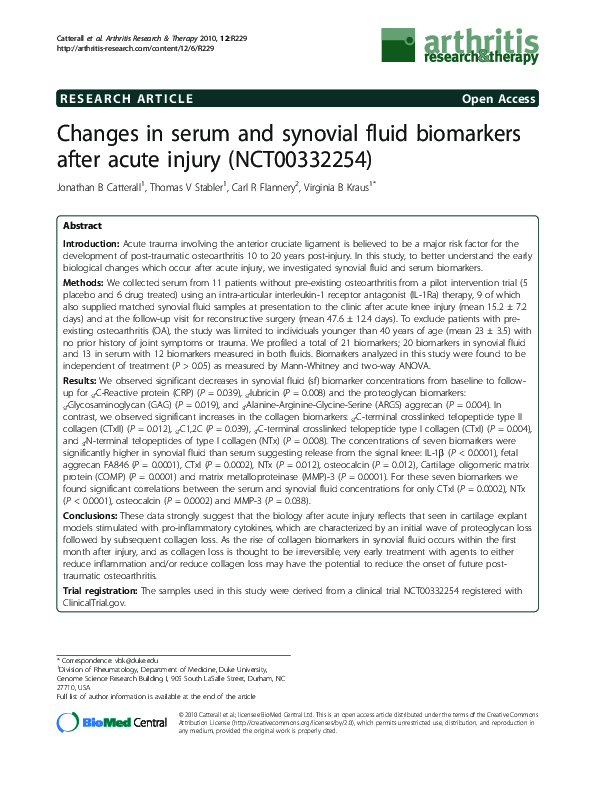 (PDF) Changes in serum and synovial fluid biomarkers after acute injury ...