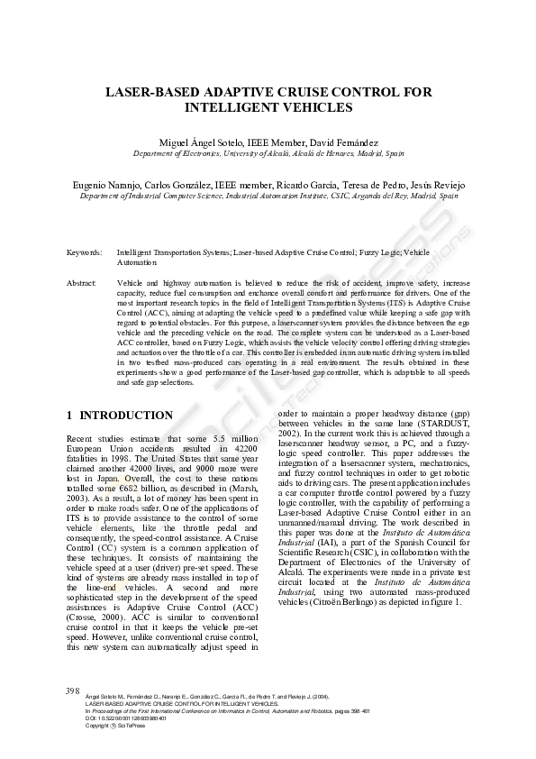 (PDF) Laser-Based Adaptive Cruise Control for Intelligent Vehicles