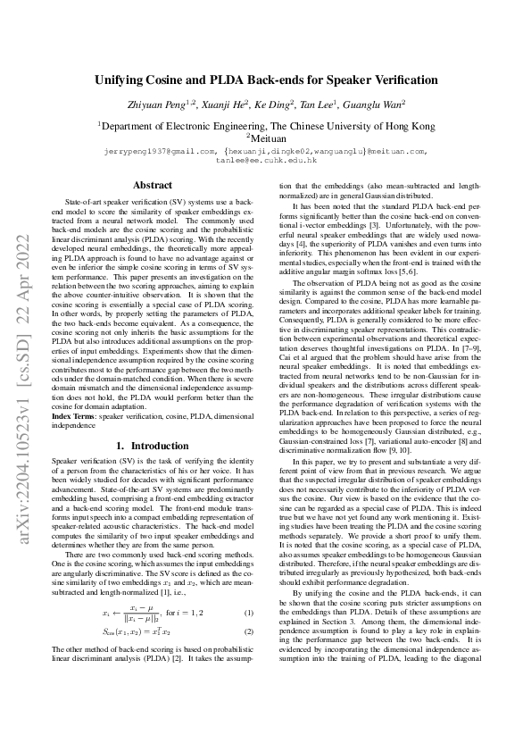 (PDF) Unifying Cosine and PLDA Back-ends for Speaker Verification