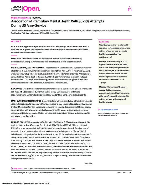(PDF) Association of Premilitary Mental Health With Suicide Attempts ...
