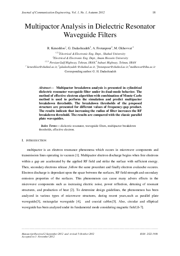 (PDF) Multipactor Analysis in Dielectric Resonator Waveguide Filters Ali Frotanpour Academia.edu