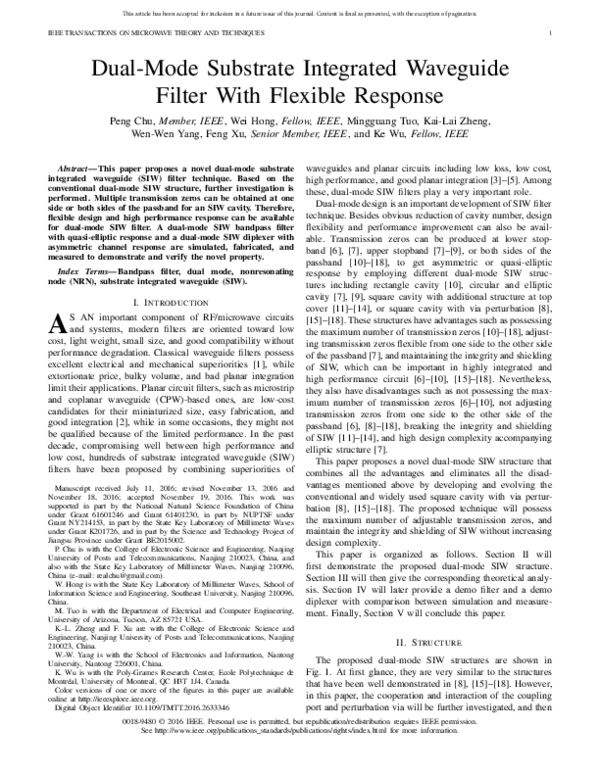 (PDF) Dual-Mode Substrate Integrated Waveguide Filter With Flexible ...