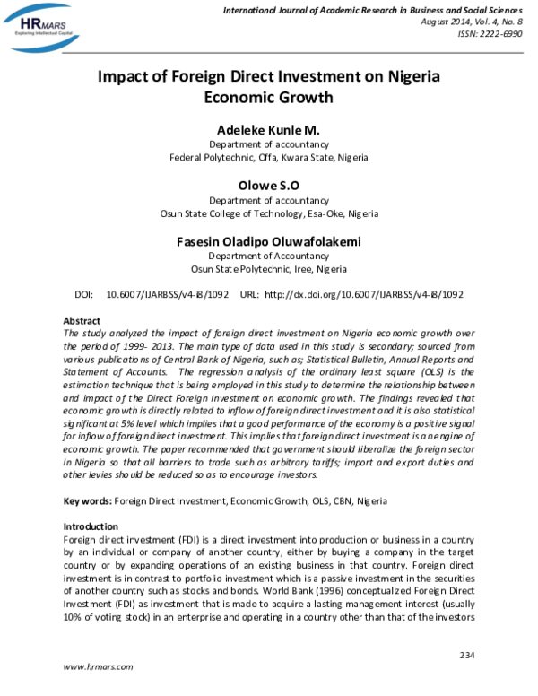 (PDF) Impact of Foreign Direct Investment on Nigeria Economic Growth