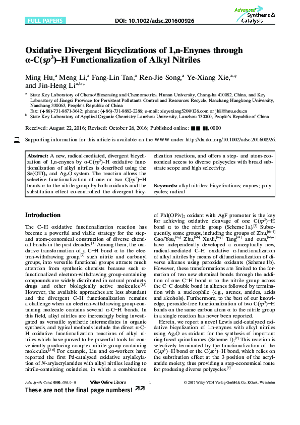 (PDF) Oxidative Divergent Bicyclizations of 1,n-Enynes through α-C(sp3 ...
