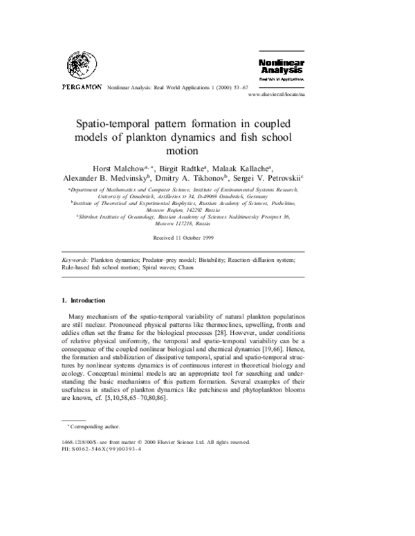(PDF) Spatio-temporal pattern formation in coupled models of plankton ...