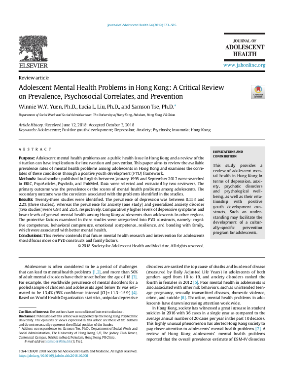 (PDF) Adolescent Mental Health Problems in Hong Kong: A Critical Review ...