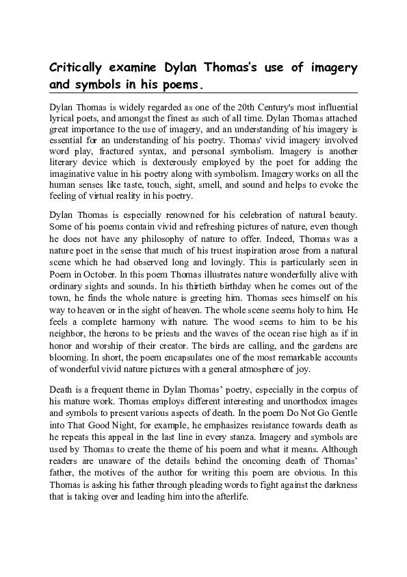 (DOC) Critically examine Dylan Thomas's use of imagery and symbols in ...