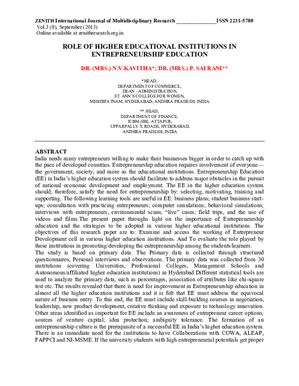 (PDF) Role of higher educational institutions in entrepreneurship education