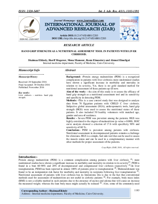 (PDF) Hand Grip Strength as a Nutritional Assessment Tool in Patients