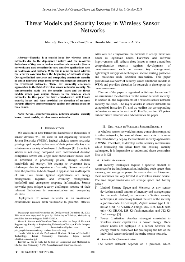 (PDF) Threat Models and Security Issues in Wireless Sensor Networks