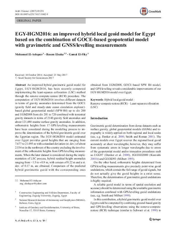 (PDF) EGY-HGM2016: an improved hybrid local geoid model for Egypt based ...