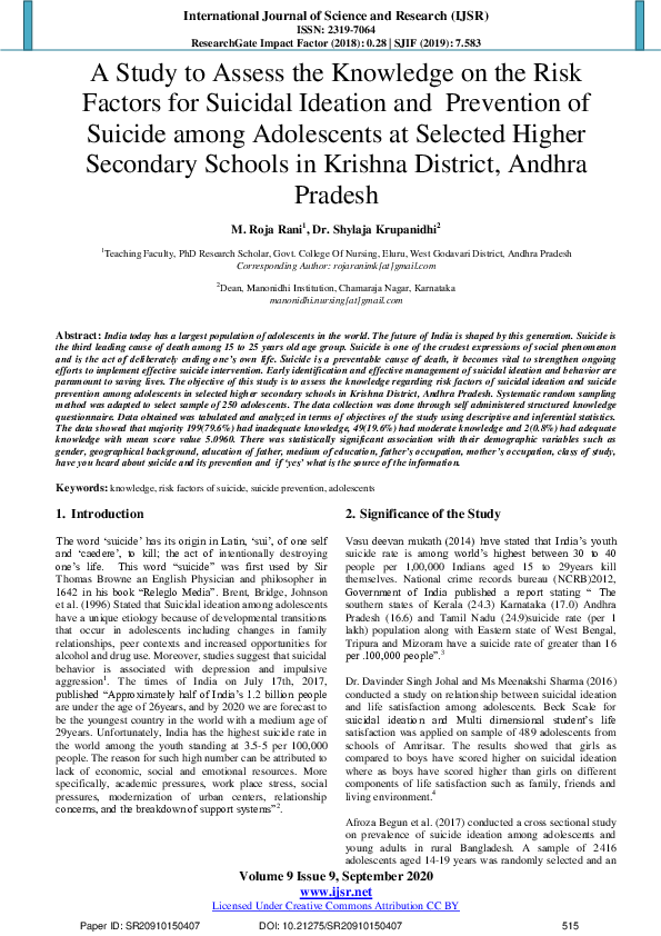 (PDF) A Study to Assess the Knowledge on the Risk Factors for Suicidal ...