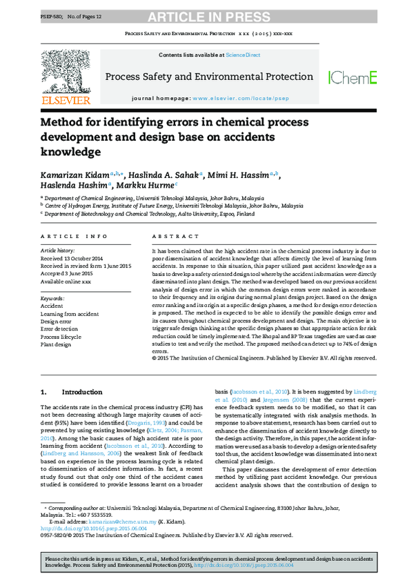 (PDF) Method for identifying errors in chemical process development and ...