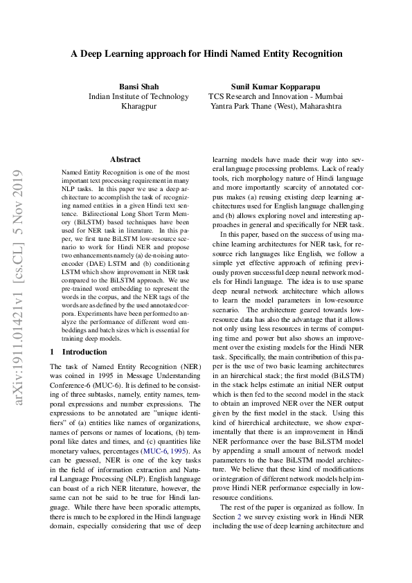 (PDF) A Deep Learning approach for Hindi Named Entity Recognition