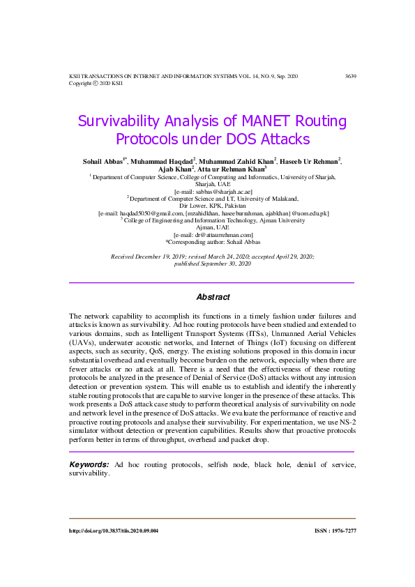 (PDF) Survivability Analysis of MANET Routing Protocols under DOS Attacks