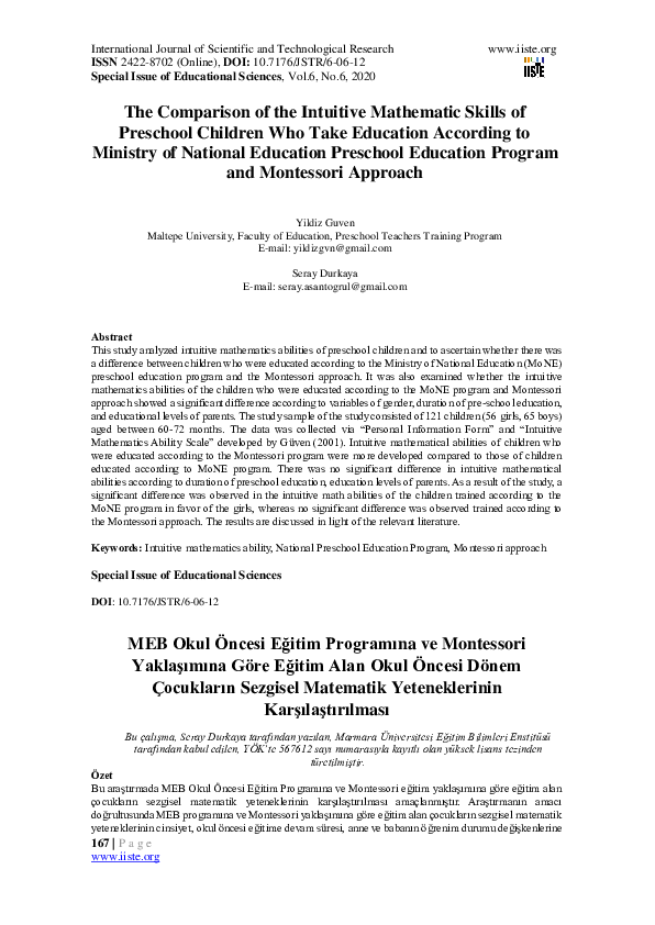 (PDF) The Comparison of the Intuitive Mathematic Skills of Preschool ...