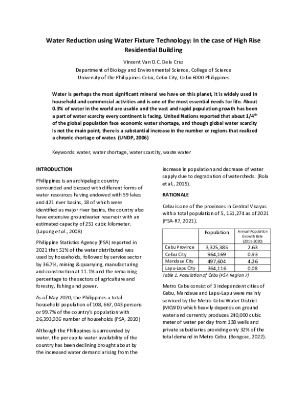 (PDF) Water Reduction using Water Fixture Technology In the case of