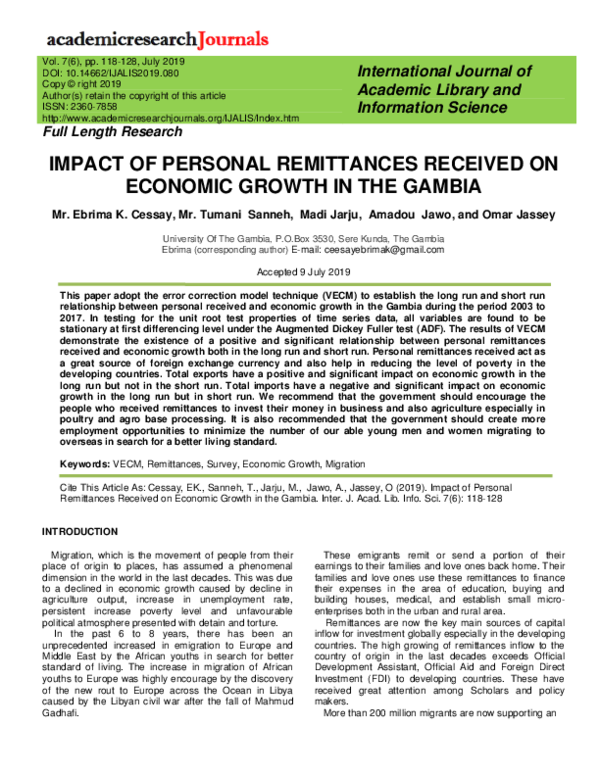 (PDF) Impact of Personal Remittances Received on Economic Growth in the ...