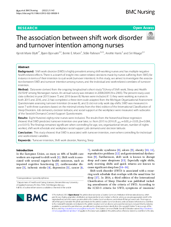 (PDF) The association between shift work disorder and turnover ...