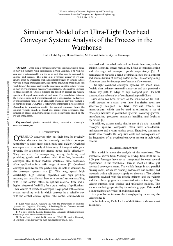 (PDF) Simulation Model Of An Ultra-Light Overhead Conveyor System ...