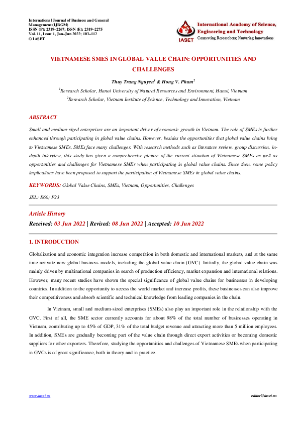 (PDF) VIETNAMESE SMES IN GLOBAL VALUE CHAIN: OPPORTUNITIES AND CHALLENGES