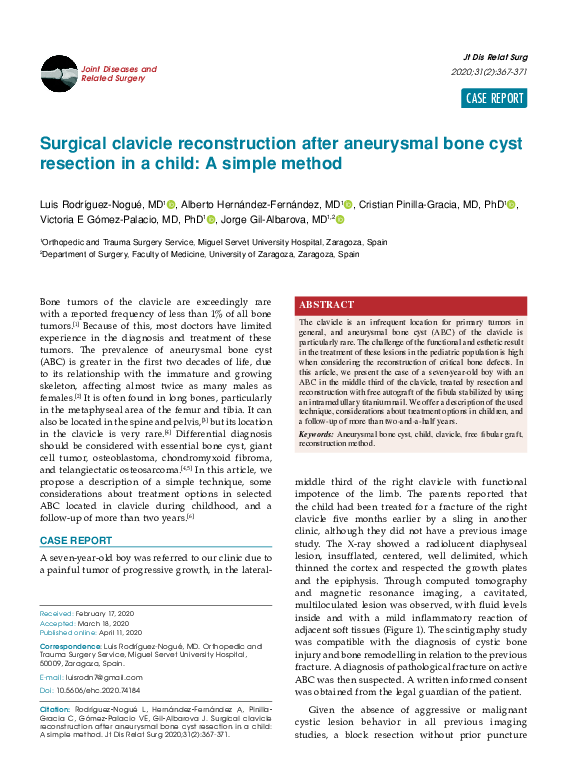 (PDF) Surgical clavicle reconstruction after aneurysmal bone cyst ...
