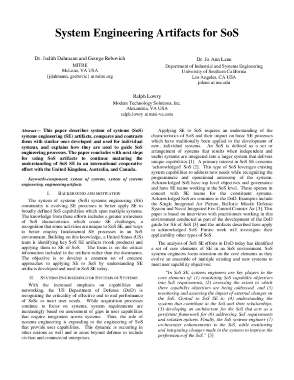 (PDF) System engineering artifacts for SoS