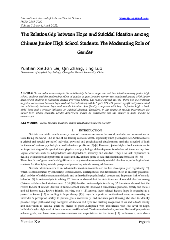(PDF) The Relationship between Hope and Suicidal Ideation among Chinese ...