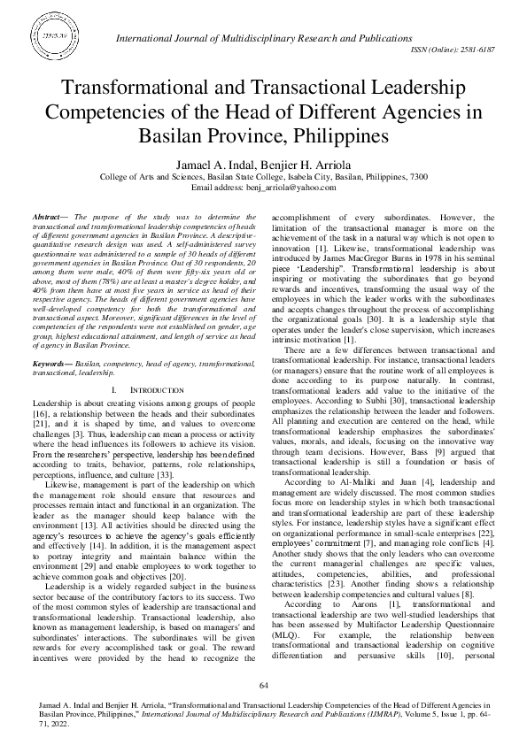 (PDF) Transformational and Transactional Leadership Competencies of the ...
