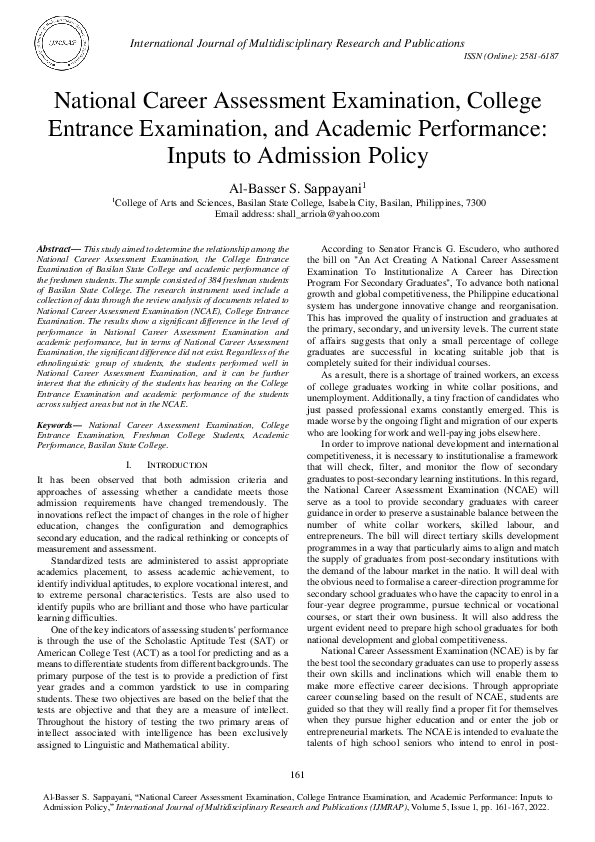 (PDF) National Career Assessment Examination, College Entrance ...
