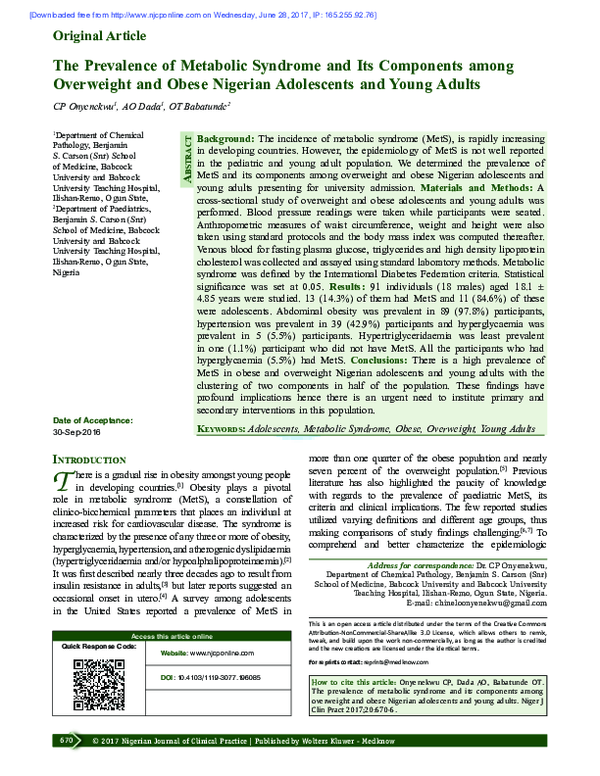 (PDF) The prevalence of metabolic syndrome and its components among ...