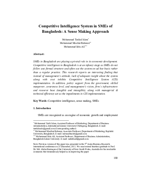 (PDF) Competitive Intelligence System in SMEs of Bangladesh: A Sense ...