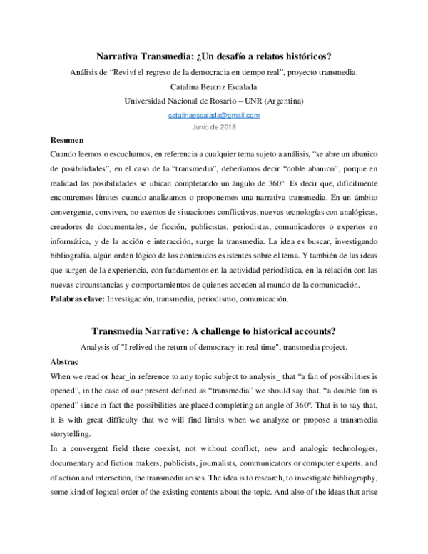 (PDF) Narrativa transmídia: um desafio para os relatos históricos ...
