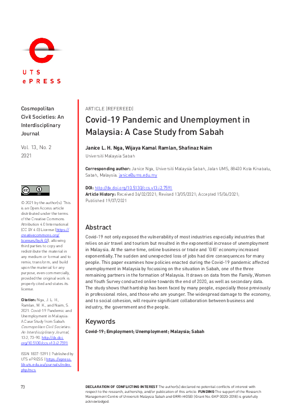 (PDF) Covid-19 Pandemic and Unemployment in Malaysia: A Case Study from ...