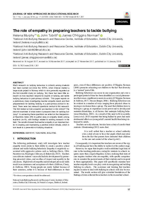 (PDF) The Role of Empathy in Preparing Teachers to Tackle Bullying