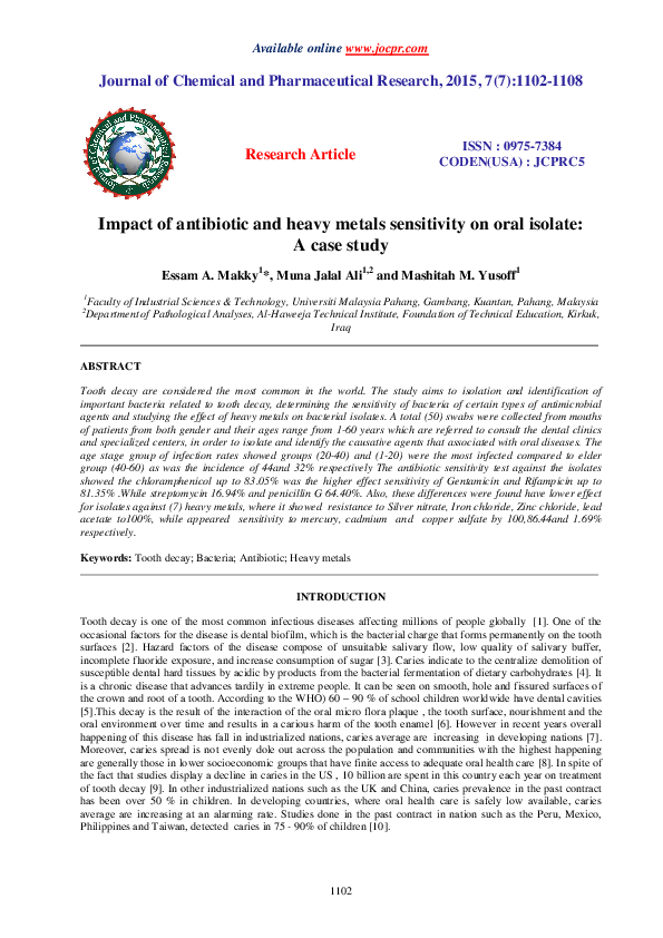 (PDF) Impact of Antibiotic and Heavy Metals Sensitivity on Oral Isolate ...
