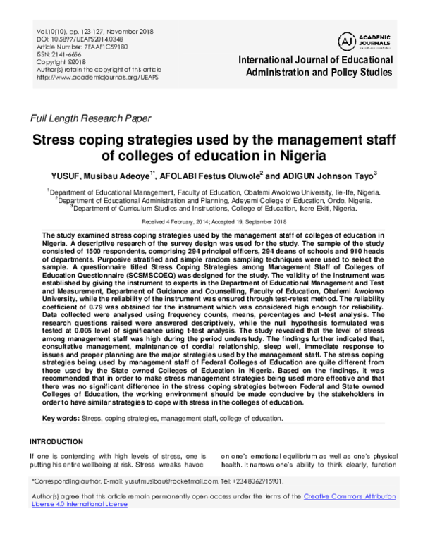 (PDF) Stress coping strategies used by the management staff of colleges ...