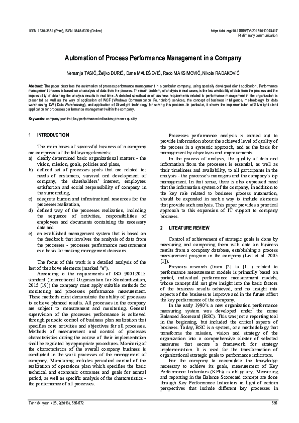 (PDF) Automation of Process Performance Management in a Company