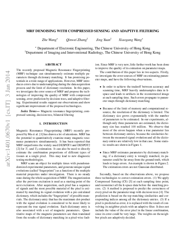 (PDF) MRF denoising with compressed sensing and adaptive filtering