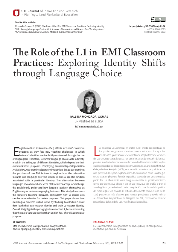 (PDF) The Role of the L1 in EMI classroom practices